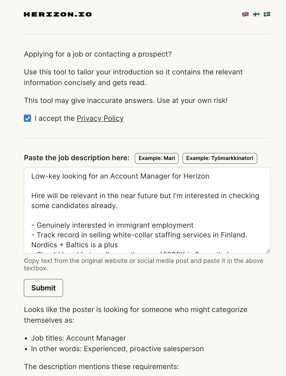 Job Application Assistant käyttöliittymä